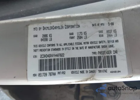 2000 Chrysler Concorde Lx from USA, damaged, VIN 2C3HD46R4YH407822